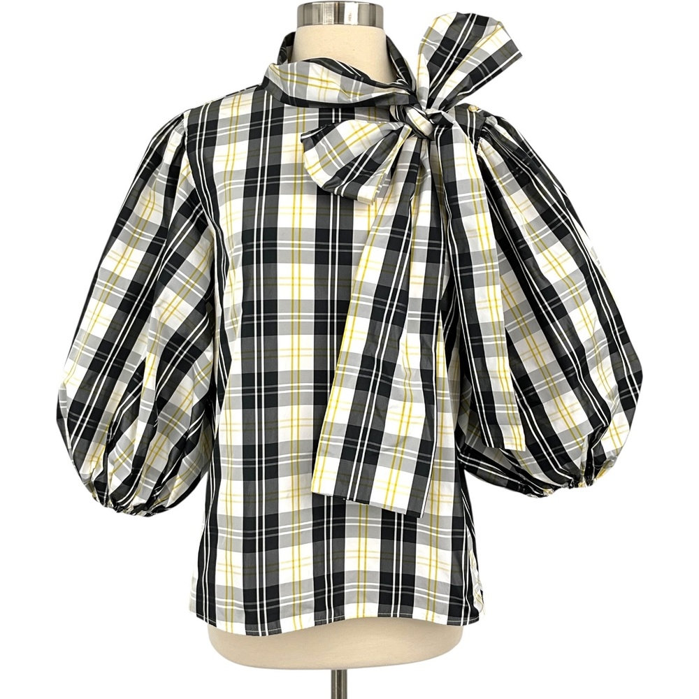 RED Valentino Tartan Bow Blouse Womens 42 Black Balloon Sleeve High Neck Top